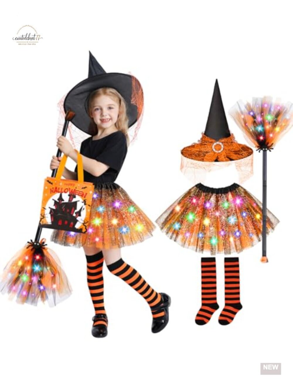 Light Up Witch Costume Set Tutu Skirt Broom Hat Socks Girls Halloween Dress Up